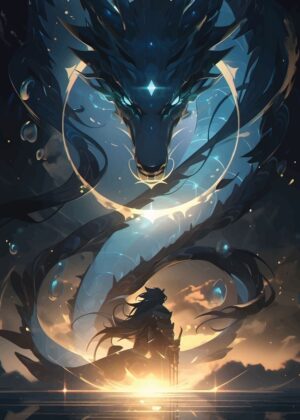 Anime Samurai and Dragon: A Mystical Encounter - Premium Wooden Framed Poster. Ready to Hang.