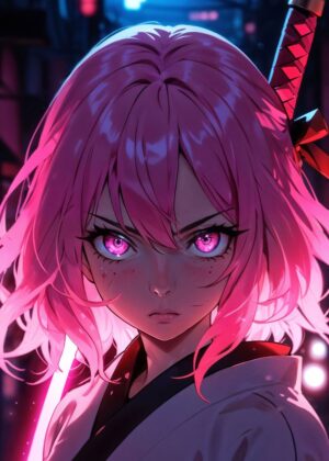 Cyberpunk Samurai Girl Anime Art Print - Premium Wooden Framed Poster. Ready to Hang.