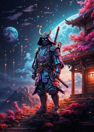 Neon Moonlit Samurai: Digital Art Print - Premium Wooden Framed Poster. Ready to Hang.