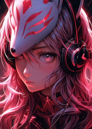 Cyberpunk Neko Girl: Digital Art Print - Premium Wooden Framed Poster. Ready to Hang.