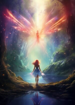 Mystical Fairy Encounter: Enchanted Forest Art Print - Premium Wooden Framed Poster. Ready to Hang.