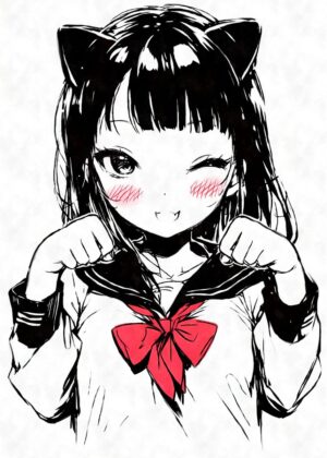 Kawaii Serafuku Cat Girl: Anime Art Print - Premium Wooden Framed Poster. Ready to Hang.