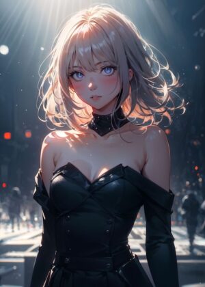 Mystic Winters Eve: Anime Girl in Black Dress - Premium Wooden Framed Poster. Ready to Hang.