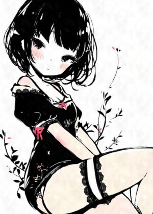 Kawaii Sexy Anime Girl Ink Art Print - Premium Wooden Framed Poster. Ready to Hang.