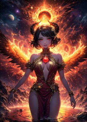 Fiery Angel Phoenix Anime Girl Art Print - Premium Wooden Framed Poster. Ready to Hang.