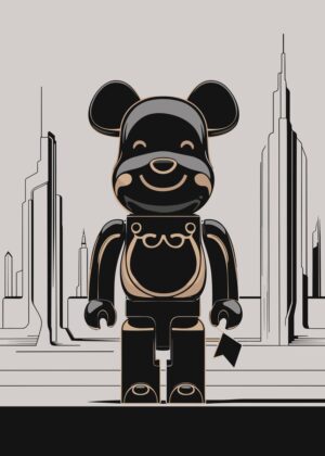 Bearbrick Golden Cityscape Art Print - Premium Wooden Framed Poster. Ready to Hang.