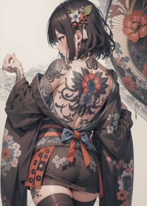 Cute Japanese Girl with Traditional Tattoo Art - Premium Wooden Framed Poster. Ready to Hang.
