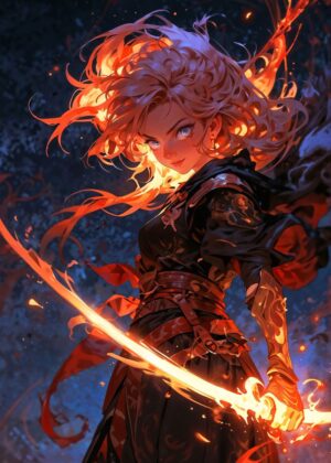 Sorceress Unleashed: Fiery Anime Art Print - Premium Wooden Framed Poster. Ready to Hang.