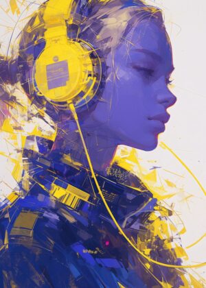 Abstract Woman Listening to Music - Premium Wooden Framed Poster. Ready to Hang.