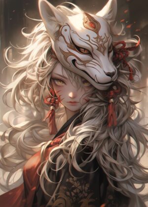 Anime Samurai Girl: Kitsune Mask - Premium Wooden Framed Poster. Ready to Hang.