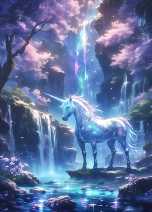Enchanted Unicorn Waterfall: Fantasy Art Print - Premium Wooden Framed Poster. Ready to Hang.