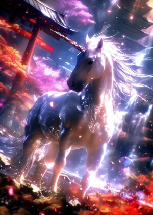 Mystical Unicorn at the Torii Gate - Premium Wooden Framed Poster. Ready to Hang.