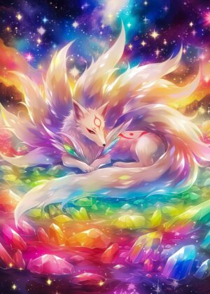 Rainbow Kitsune: Mystical Fantasy Art Print - Premium Wooden Framed Poster. Ready to Hang.