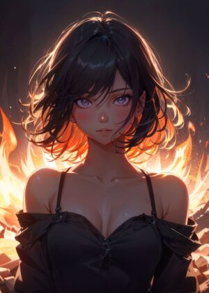 Fiery Anime Girl Art Print - Premium Wooden Framed Poster. Ready to Hang.