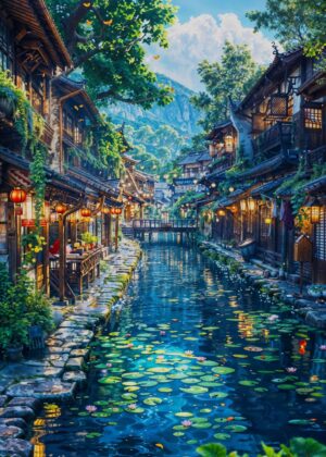 Anime River Fish Village: Serene Asian Town Artwork - Premium Wooden Framed Poster. Ready to Hang.