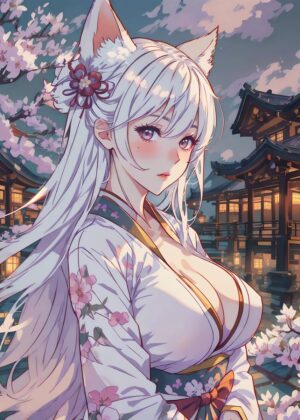 White Fox Girl Anime Art Print - Premium Wooden Framed Poster. Ready to Hang.