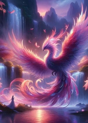 Mystical Phoenix and Waterfall Landscape Art Print - Premium Wooden Framed Poster. Ready to Hang.