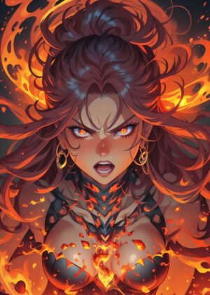 Fiery Anime Girl: Lava Goddess Art Print - Premium Wooden Framed Poster. Ready to Hang.