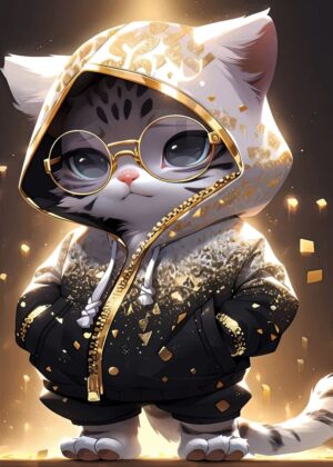 Stylish Anime Cat in Hoodie - Premium Wooden Framed Poster. Ready to Hang.