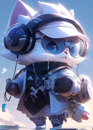 Adorable Anime Cat: Cyberpunk Style Art Print - Premium Wooden Framed Poster. Ready to Hang.