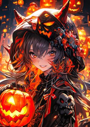 Cute Anime Girl Halloween Artwork - Premium Wooden Framed Poster. Ready to Hang.