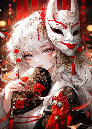 Cute Anime Girl with Kitsune Mask - Premium Wooden Framed Poster. Ready to Hang.
