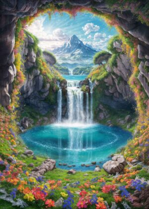 Waterfall Oasis: A Serene Escape to Nature's Embrace - Premium Wooden Framed Poster. Ready to Hang.