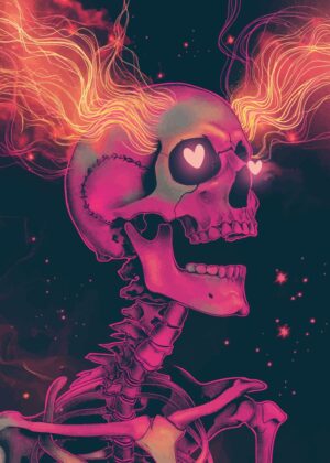 Skeleton Love: Glowing Skull Art Print - Premium Wooden Framed Poster. Ready to Hang.