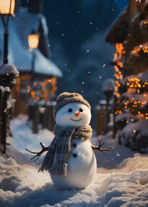 Charming Winter Snowman in Snowy Village Scene - Premium Wooden Framed Poster. Ready to Hang.