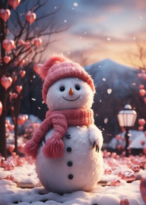 Adorable Pink Snowman Winter Wonderland Art Print - Premium Wooden Framed Poster. Ready to Hang.