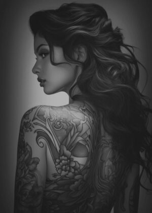 Elegant Black and White Tattoo Art: A Woman's Portrait - Premium Wooden Framed Poster. Ready to Hang.