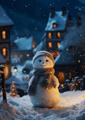 Charming Snowman in a Winter Wonderland - Premium Wooden Framed Poster. Ready to Hang.