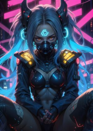 Cyberpunk Anime Girl: Neon City Warrior - Premium Wooden Framed Poster. Ready to Hang.