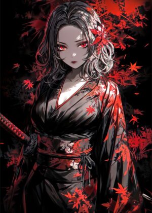 Scarlet Samurai: Anime Art Print - Premium Wooden Framed Poster. Ready to Hang.