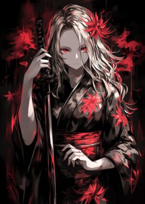 Elegant Samurai Girl in Kimono Artwork - Premium Wooden Framed Poster. Ready to Hang.