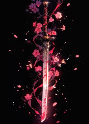 Crimson Sakura: A Samurai's Blade - Premium Wooden Framed Poster. Ready to Hang.