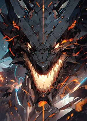 Fierce Mech Dragon: Japanese Anime Art Print - Premium Wooden Framed Poster. Ready to Hang.
