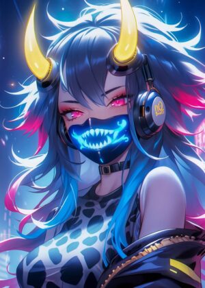 Neon Oni Girl: Cyberpunk Anime Art Print - Premium Wooden Framed Poster. Ready to Hang.