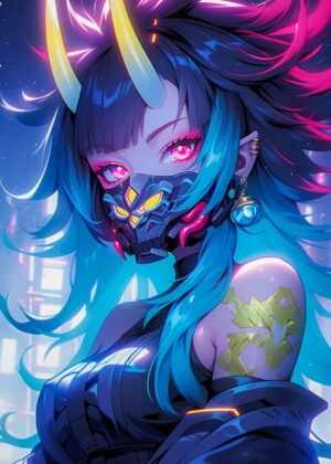 Neon Masked Warrior: Cyberpunk Anime Art Print - Premium Wooden Framed Poster. Ready to Hang.
