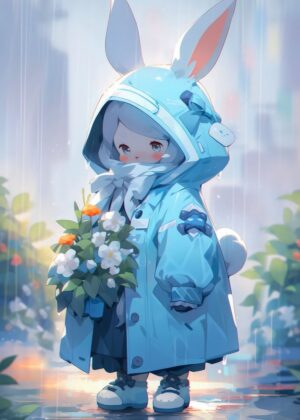 Adorable Bunny Anime Girl in the Rain - Premium Wooden Framed Poster. Ready to Hang.