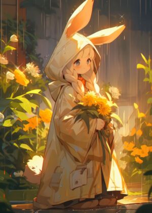 Funny Bunny Anime Art Print: Rainy Day Delight - Premium Wooden Framed Poster. Ready to Hang.