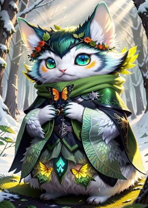 Adorable Anime Cat Art Print: Whimsical Fantasy Illustration - Premium Wooden Framed Poster. Ready to Hang.