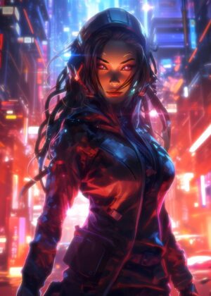Cyberpunk Anime Girl: Neon City Nights - Premium Wooden Framed Poster. Ready to Hang.