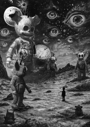 Astronauts of the Unknown: A Surreal Space Odyssey - Premium Wooden Framed Poster. Ready to Hang.