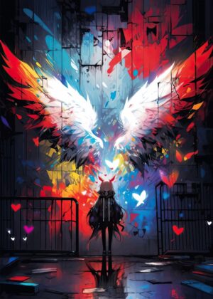 Cute Anime Girl with Colorful Wings Art Print - Premium Wooden Framed Poster. Ready to Hang.