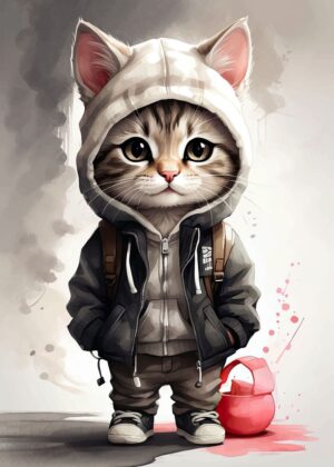 Adorable Cat in Hoodie Artwork - Premium Wooden Framed Poster. Ready to Hang.
