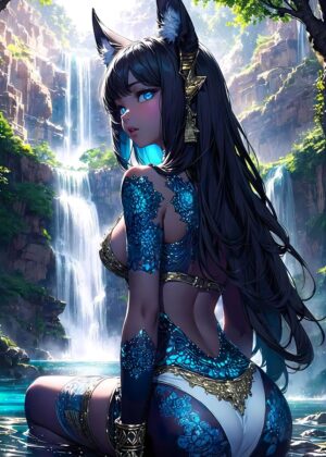 Oceanblue Fox Anime Girl Art Print - Premium Wooden Framed Poster. Ready to Hang.