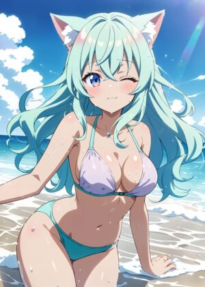 Anime Girl Beach Day Illustration - Premium Wooden Framed Poster. Ready to Hang.