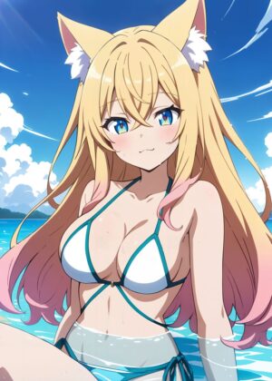 Anime Girl Summer Beach Scene - Premium Wooden Framed Poster. Ready to Hang.
