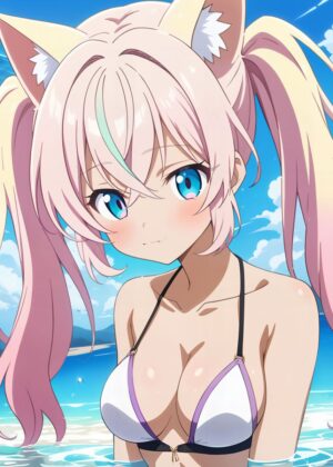 Anime Girl Summer Beach Scene Artwork - Premium Wooden Framed Poster. Ready to Hang.